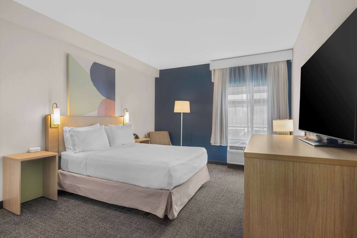 Habitación de hotel con cama, mesitas de noche, escritorio, televisor y ventana con cortinas.