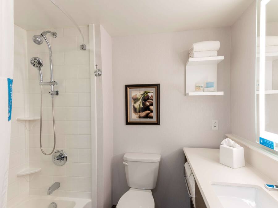 A bathroom with a shower, toilet, and sink. There is a framed picture on the wall and shelves with towels.
