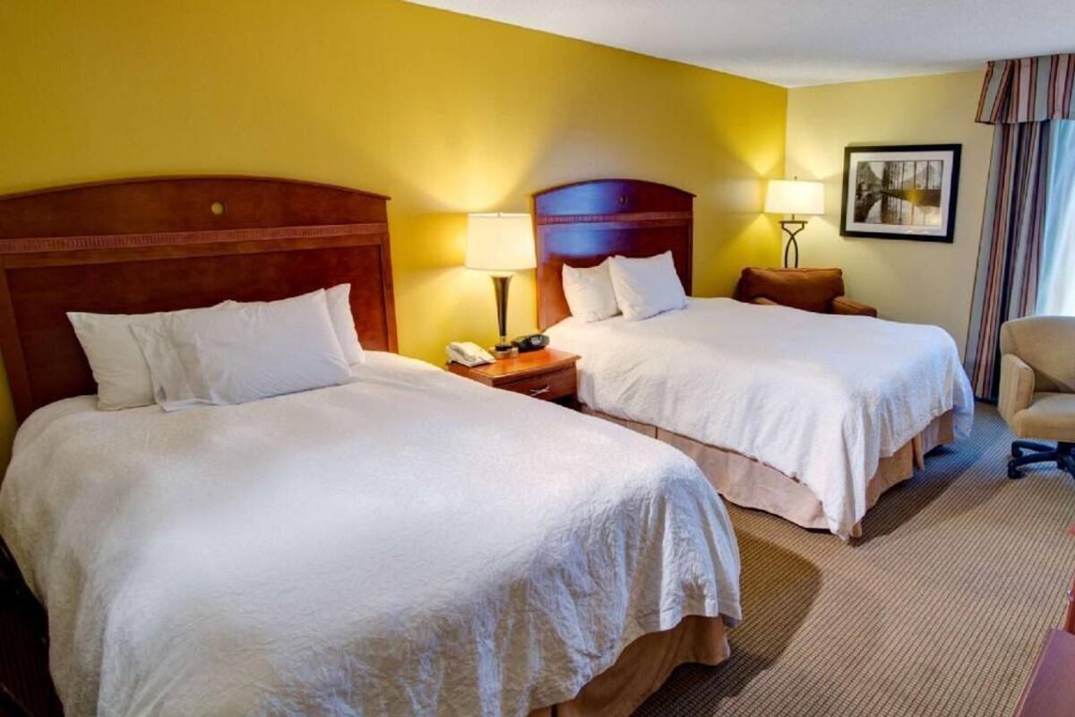 A hotel room with two beds, a nightstand with a lamp, a chair, and a framed picture on the wall.