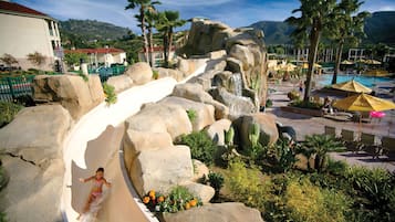 Slide into fun at our resort's water park, surrounded by lush palm trees and scenic views.