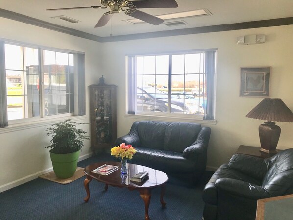 A living room with a black leather sofa, a wooden coffee table with a vase of flowers, a green potted plant, and a lamp.