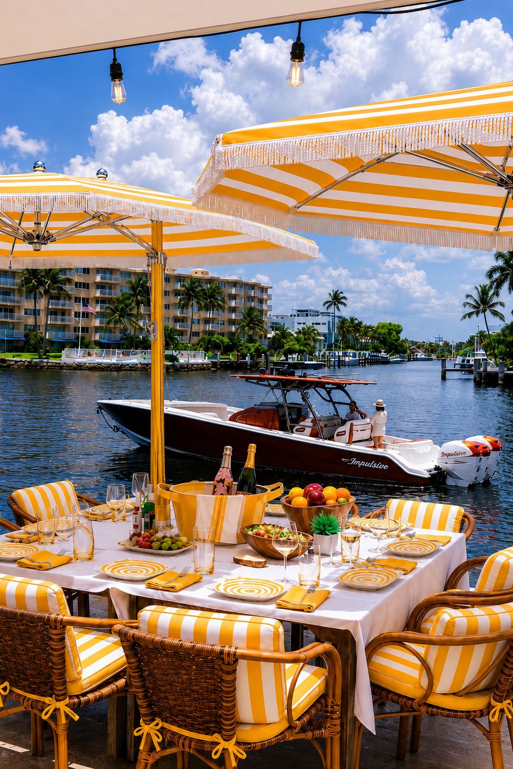 A dining area with tables set for a meal, overlooking a marina with boats.