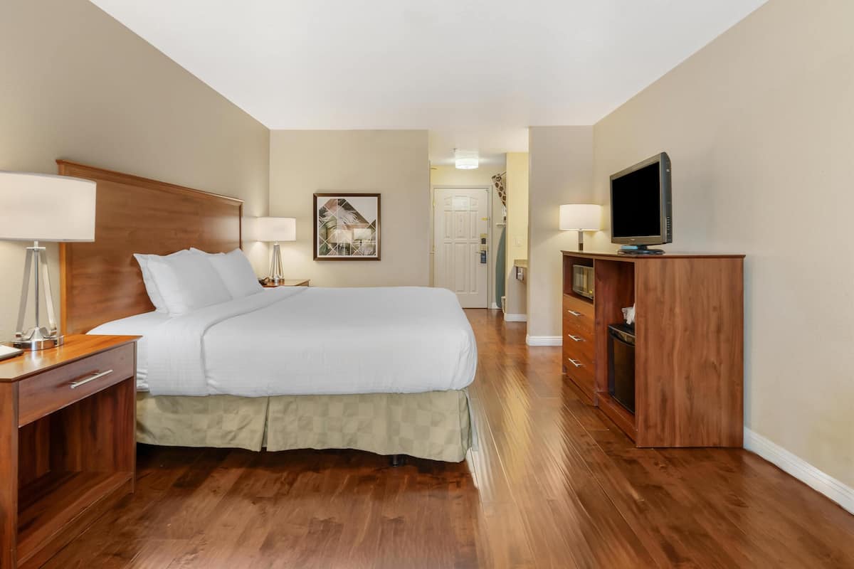 A hotel room with a wooden bed, a television, a desk with a lamp, and a painting on the wall.
