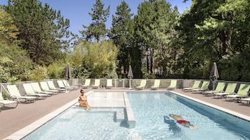 Relax by the serene pool surrounded by lush greenery and tall trees.