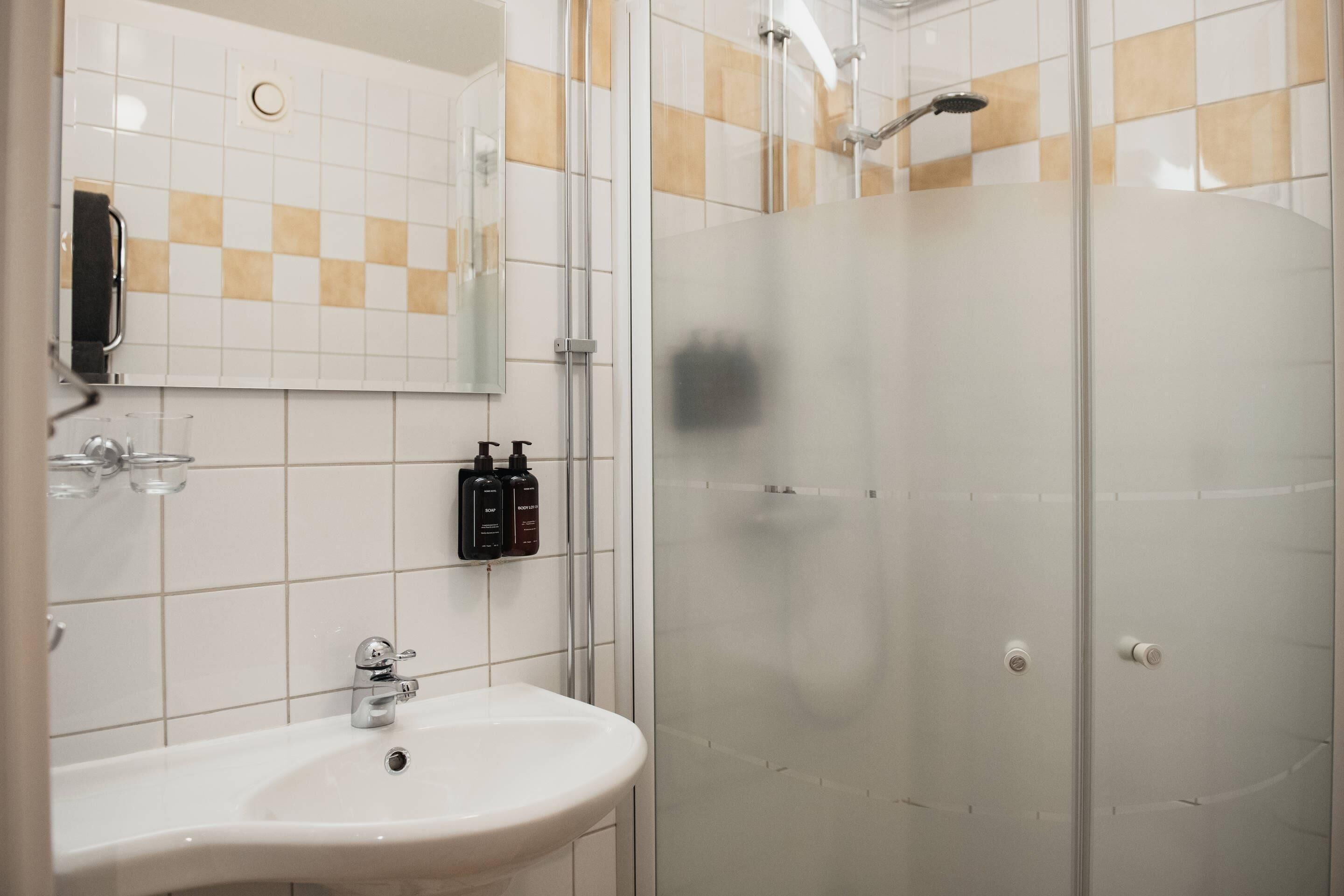 A bathroom with a sink, mirror, and two bottles of shampoo.