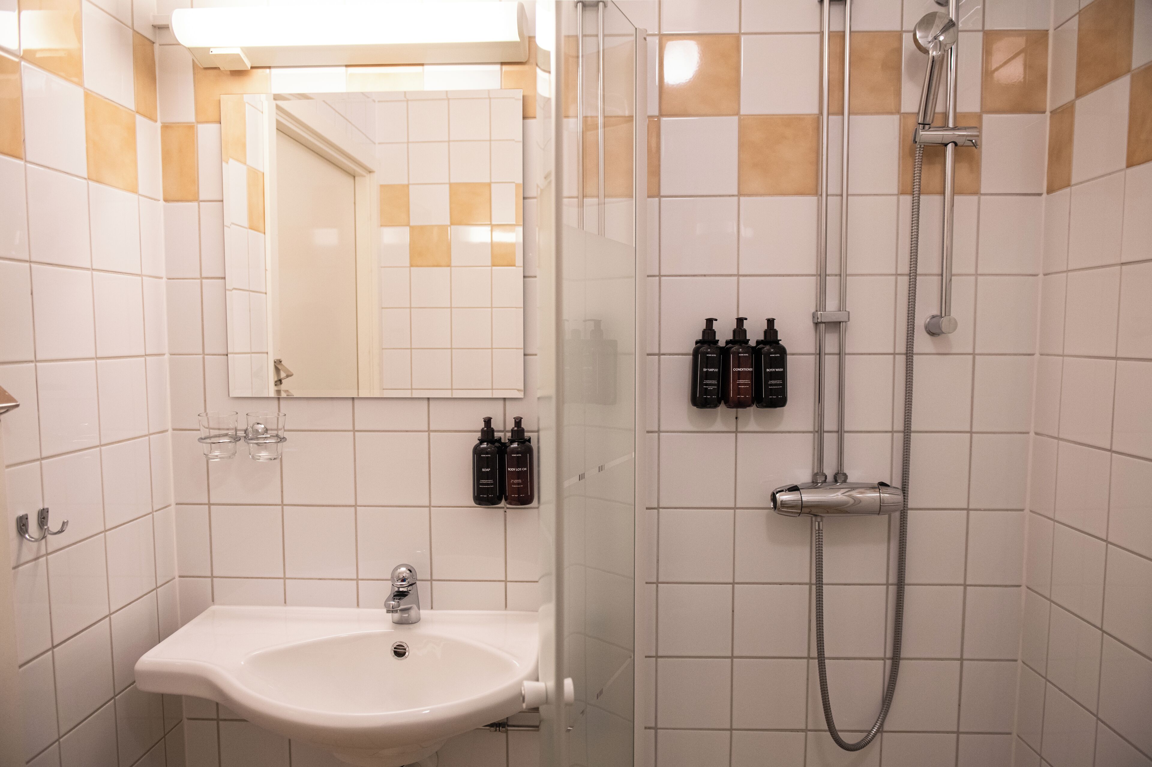 hair dryer, towels, soap, shampoo