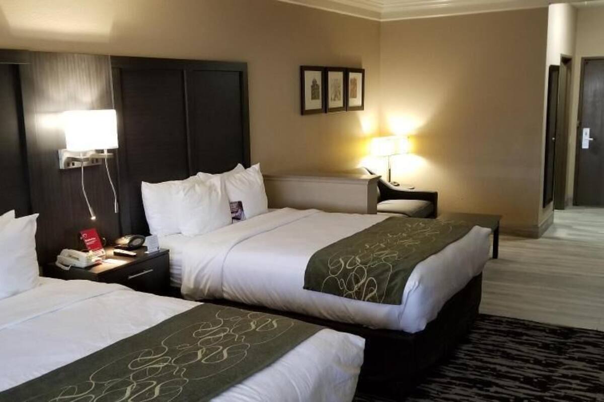 Een hotelkamer met twee bedden, een nachtkastje met een lamp, een telefoon en een ingelijst schilderij aan de muur.