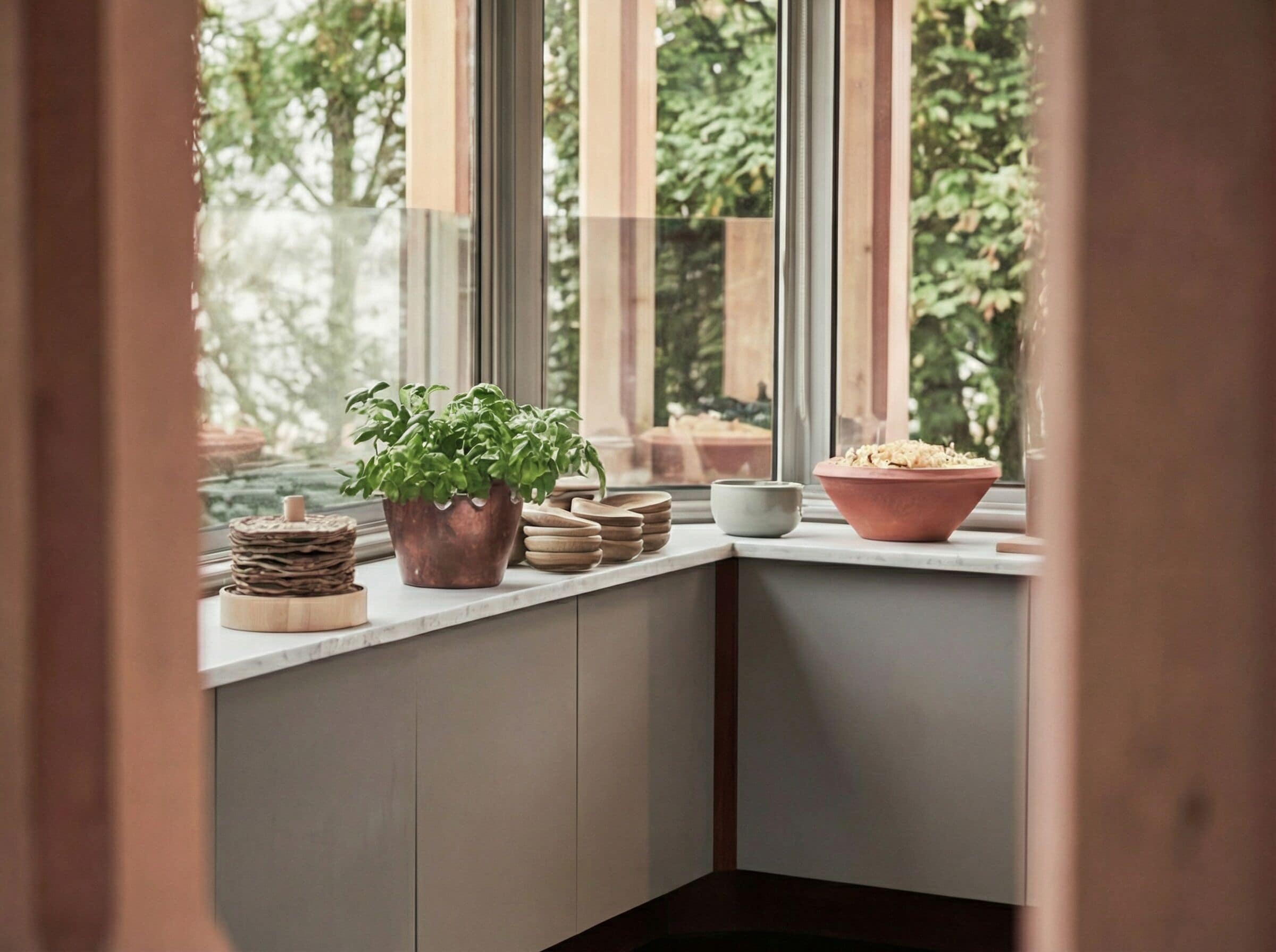 A kitchen with a window, a potted plant, and a bowl of cereal.