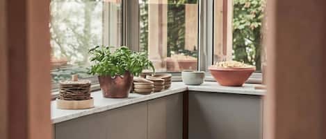Una cocina con ventana, una planta en maceta y un tazón de cereal.