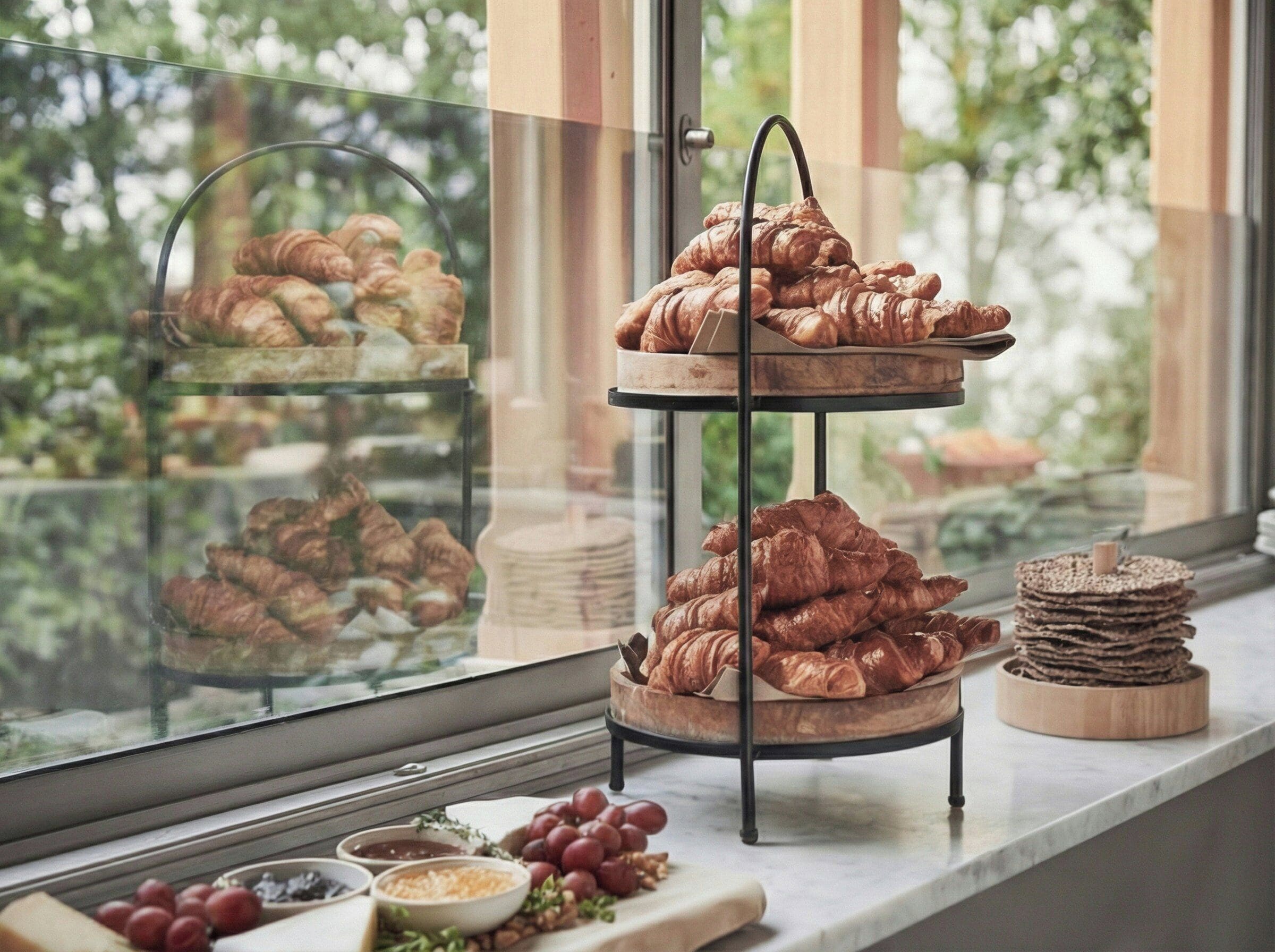 Mostrador de panadería con croissants y una pila de galletas junto a una ventana que da a zonas verdes.
