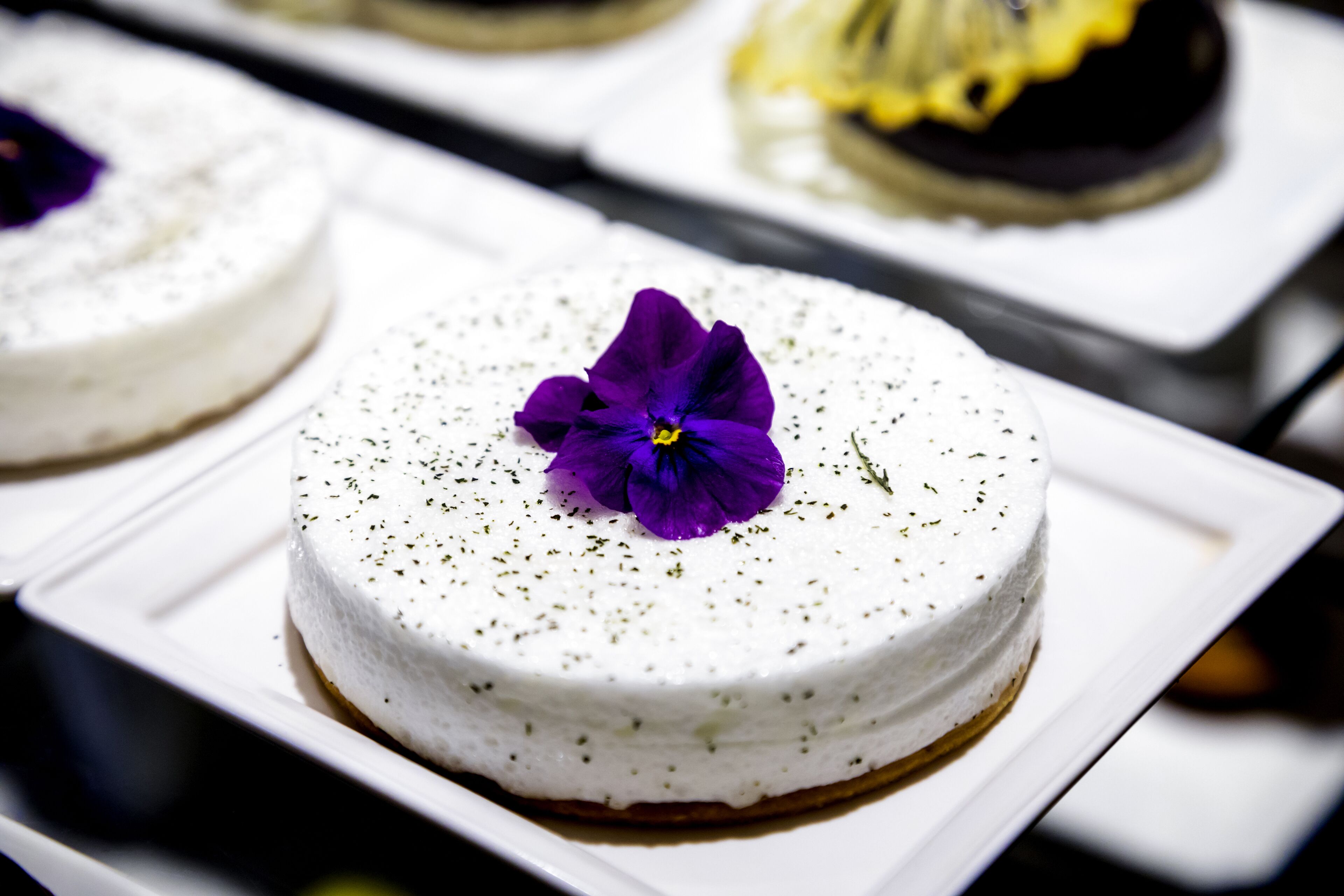 A dessert with a white base, a purple flower, and speckled herbs on a white plate.