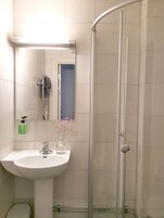 A bathroom with a white sink, a glass shower enclosure, and a mirror above the sink.