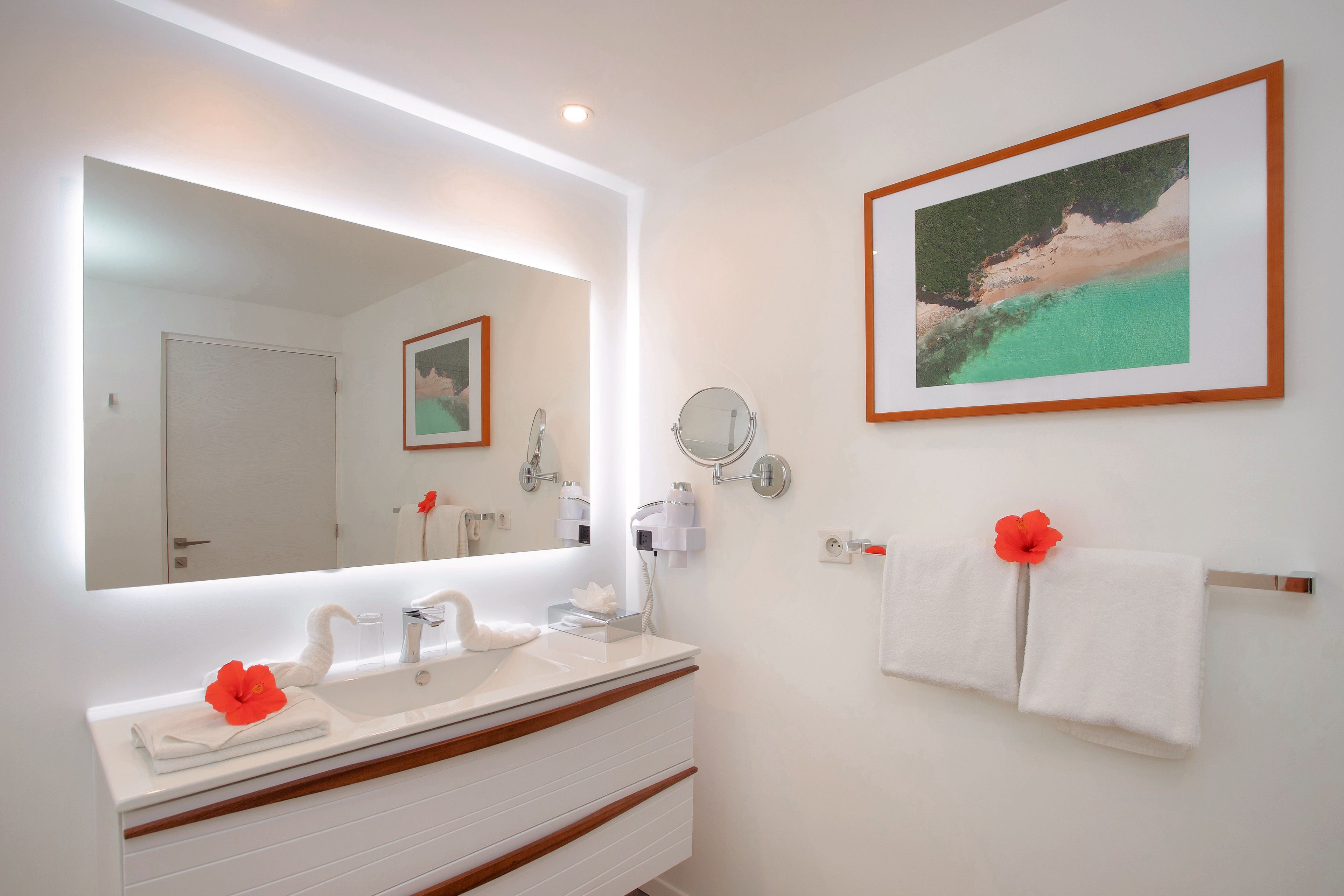 Une salle de bain avec un grand miroir, un lavabo, un porte-serviettes et un tableau représentant une plage.
