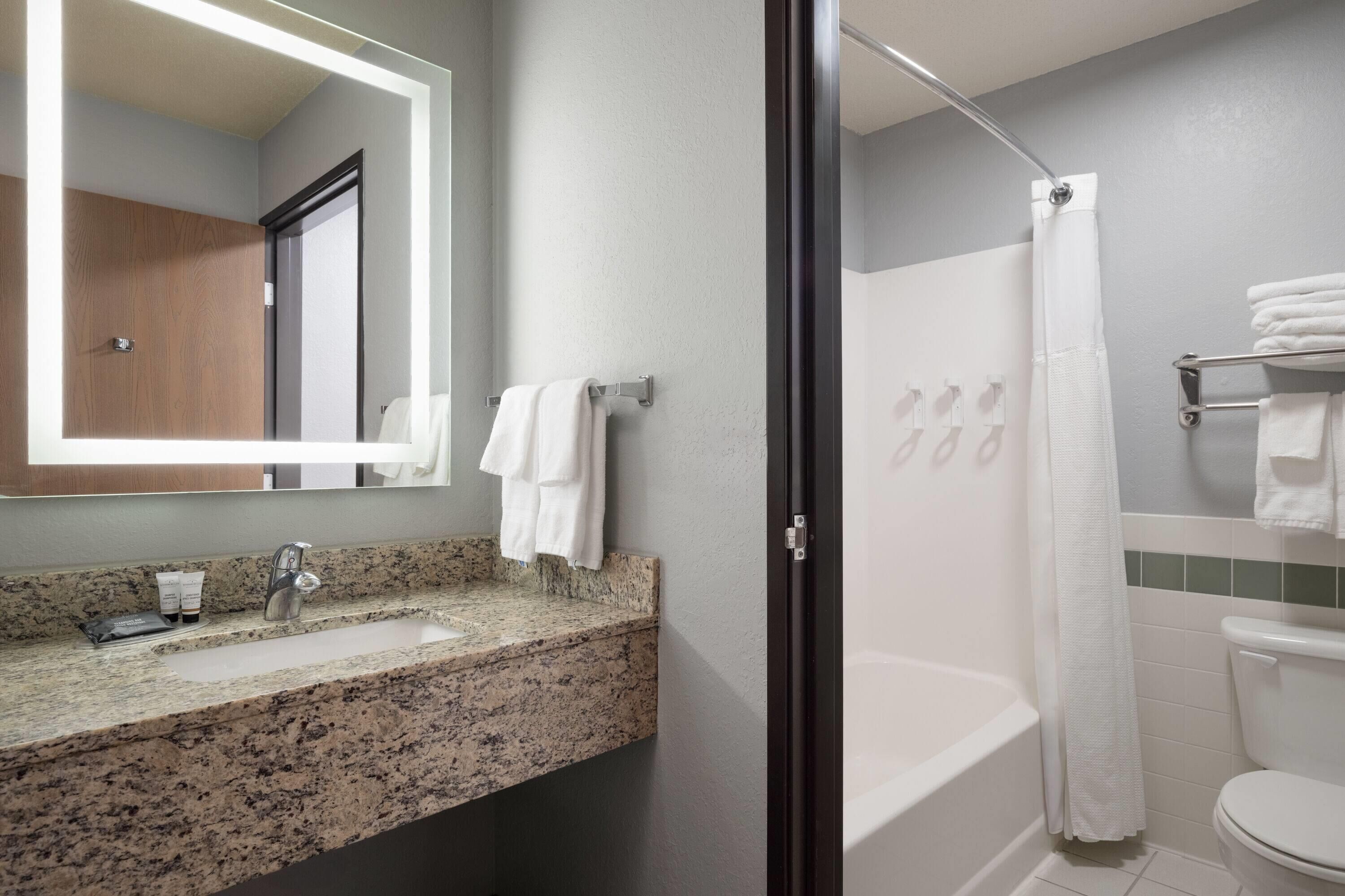 A bathroom with a granite countertop sink, a mirror, a shower with a glass door, and a toilet.