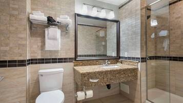 Combined shower/bathtub, free toiletries, hair dryer, towels