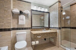 Combined shower/tub, free toiletries, hair dryer, towels