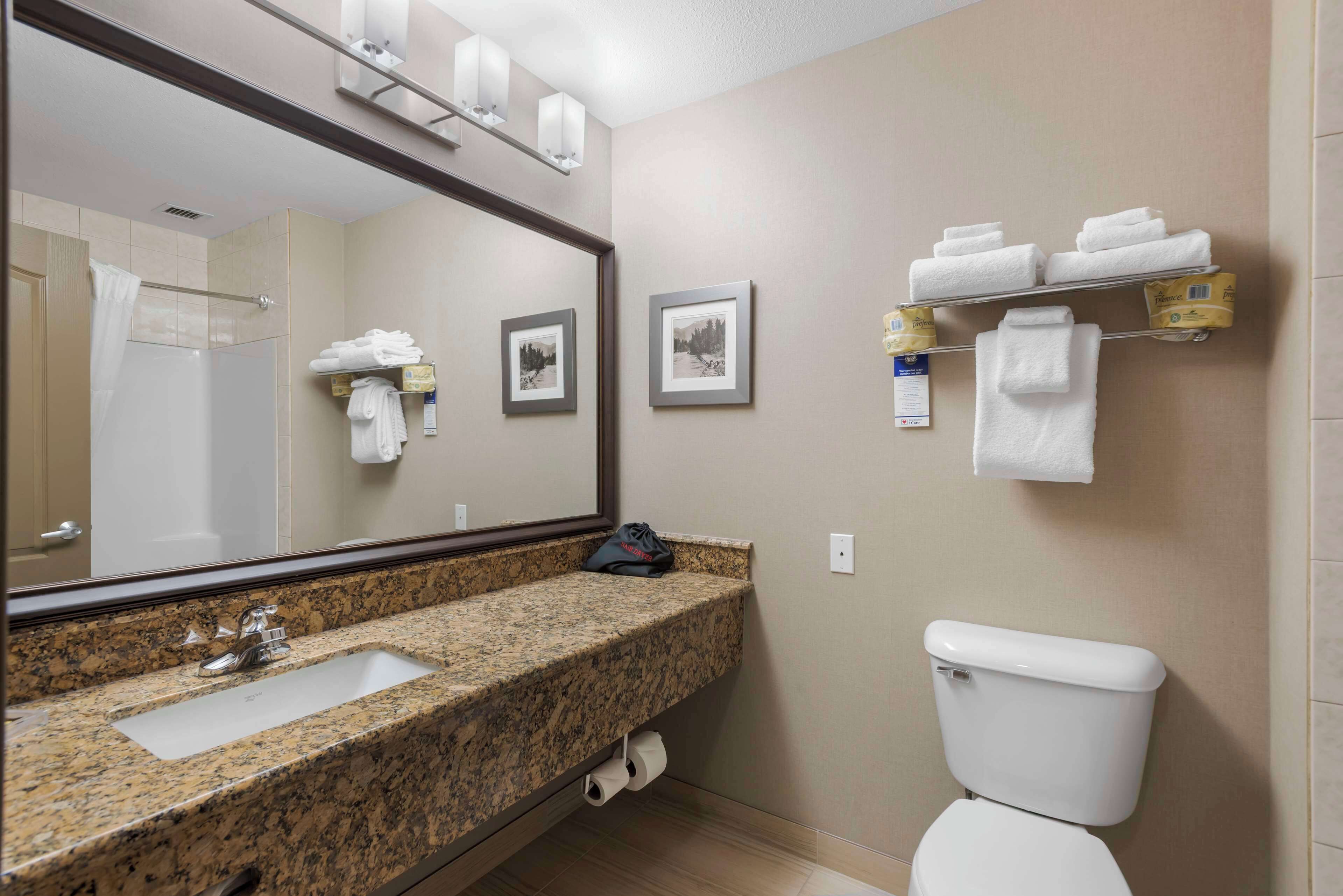 combined shower/bathtub, free toiletries, hair dryer, towels