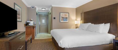 Une chambre d’hôtel avec un grand lit, un téléviseur posé sur une commode en bois, une moquette à motifs et un tableau encadré accroché au mur.