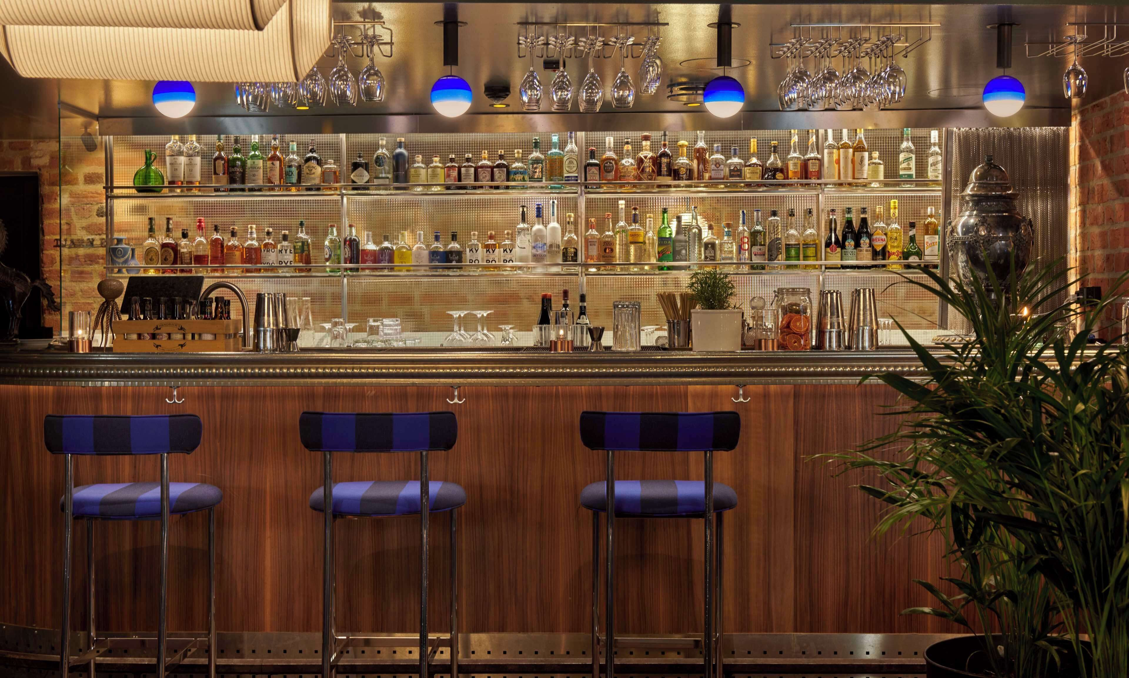Zona de bar con varias estanterías llenas de botellas, vasos y utensilios. Hay tres taburetes azules y una planta en maceta.
