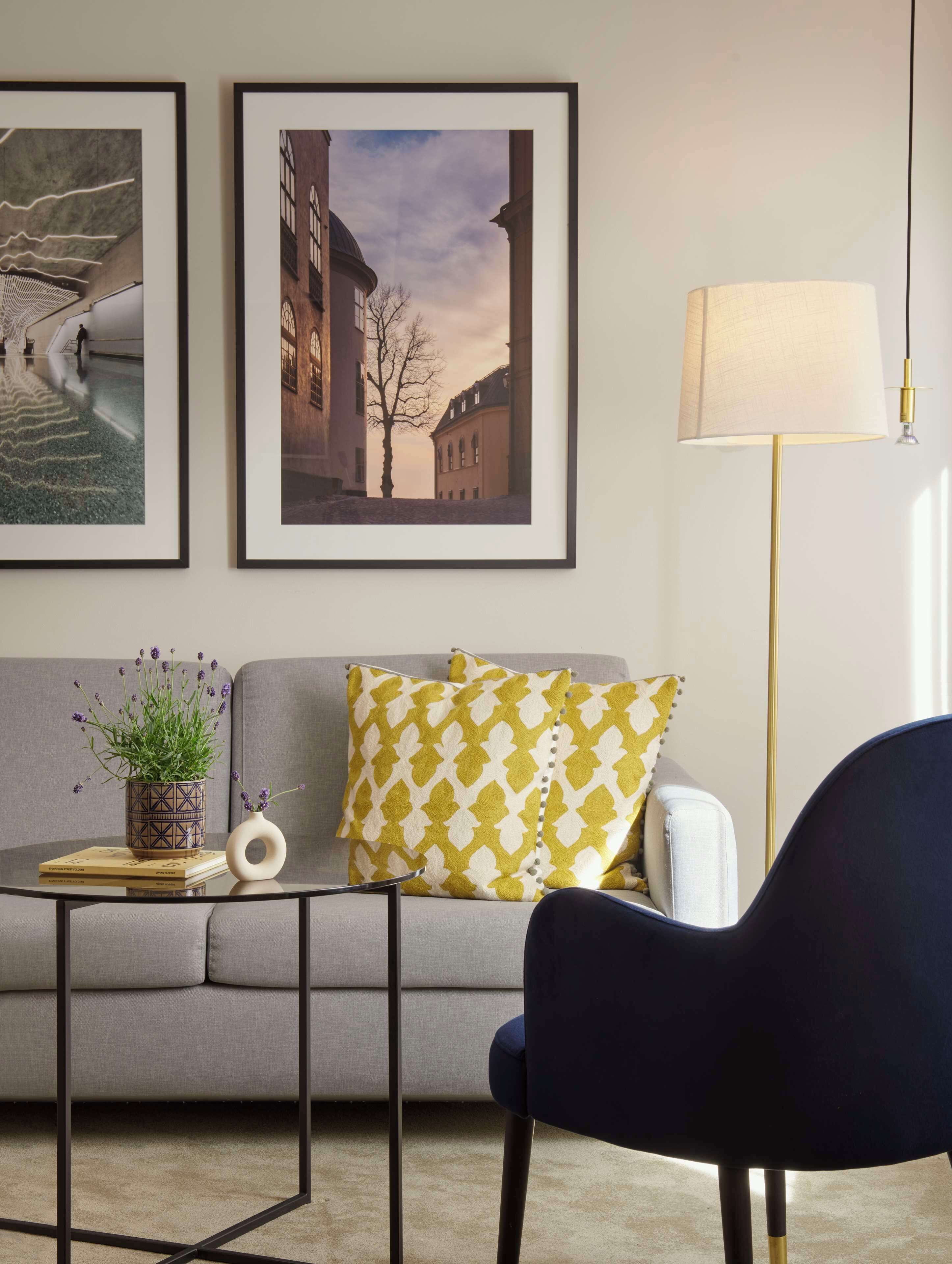 A modern living room with a grey sofa, a dark blue armchair, a glass coffee table, and a floor lamp. There are two framed pictures on the wall, a potted plant, and a small vase with flowers on the sofa.