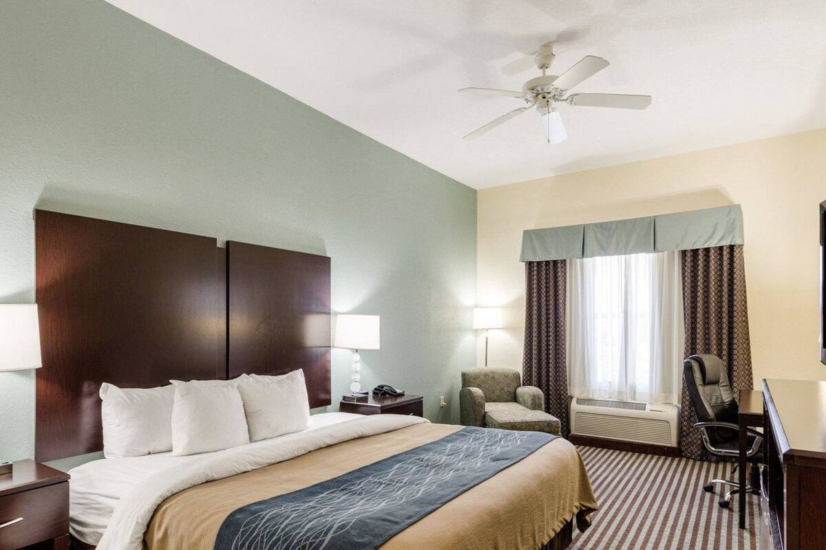 Premium bedding, Select Comfort beds, desk, laptop workspace