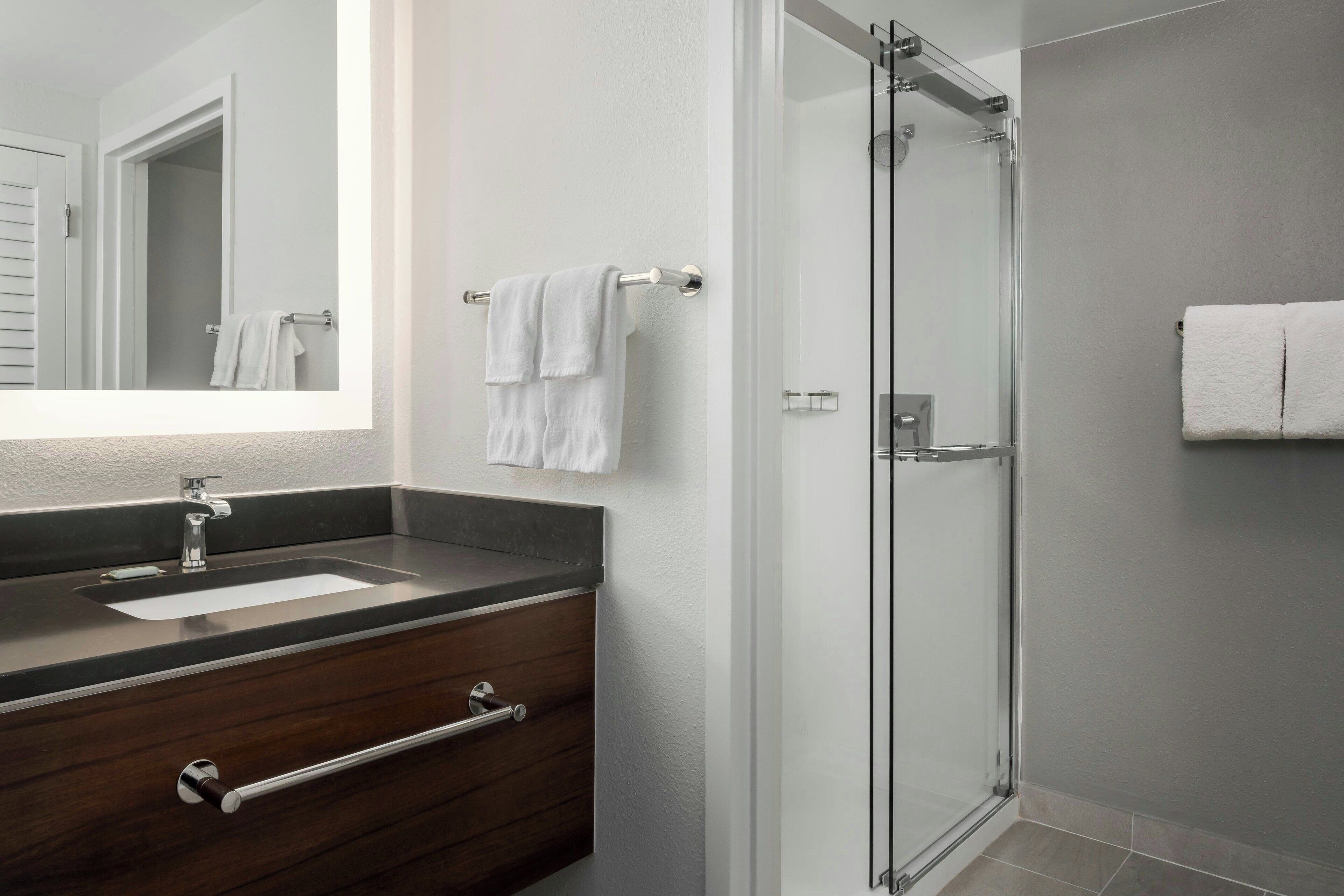 combined shower/bathtub, free toiletries, hair dryer, towels