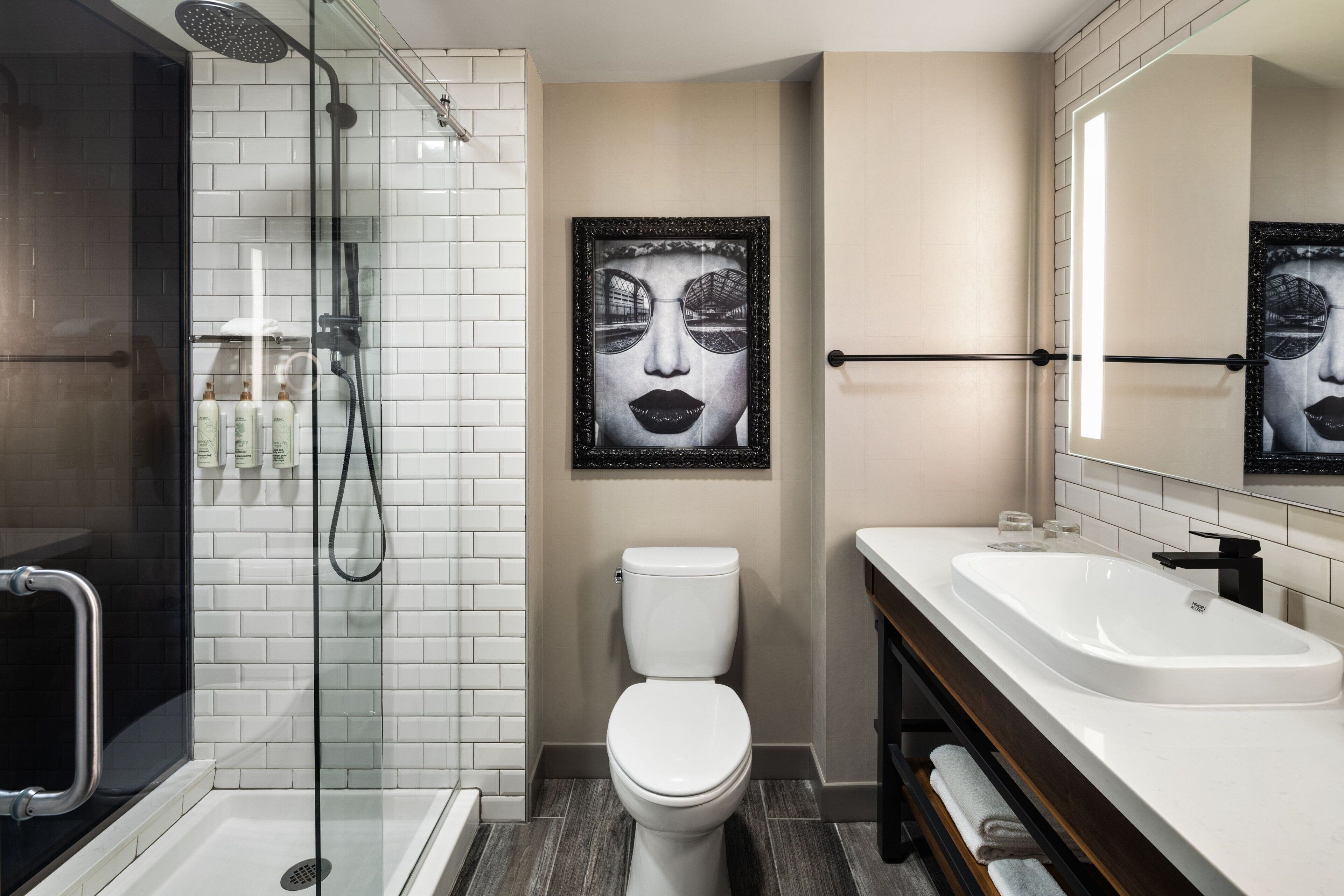 combined shower/bathtub, free toiletries, hair dryer, towels