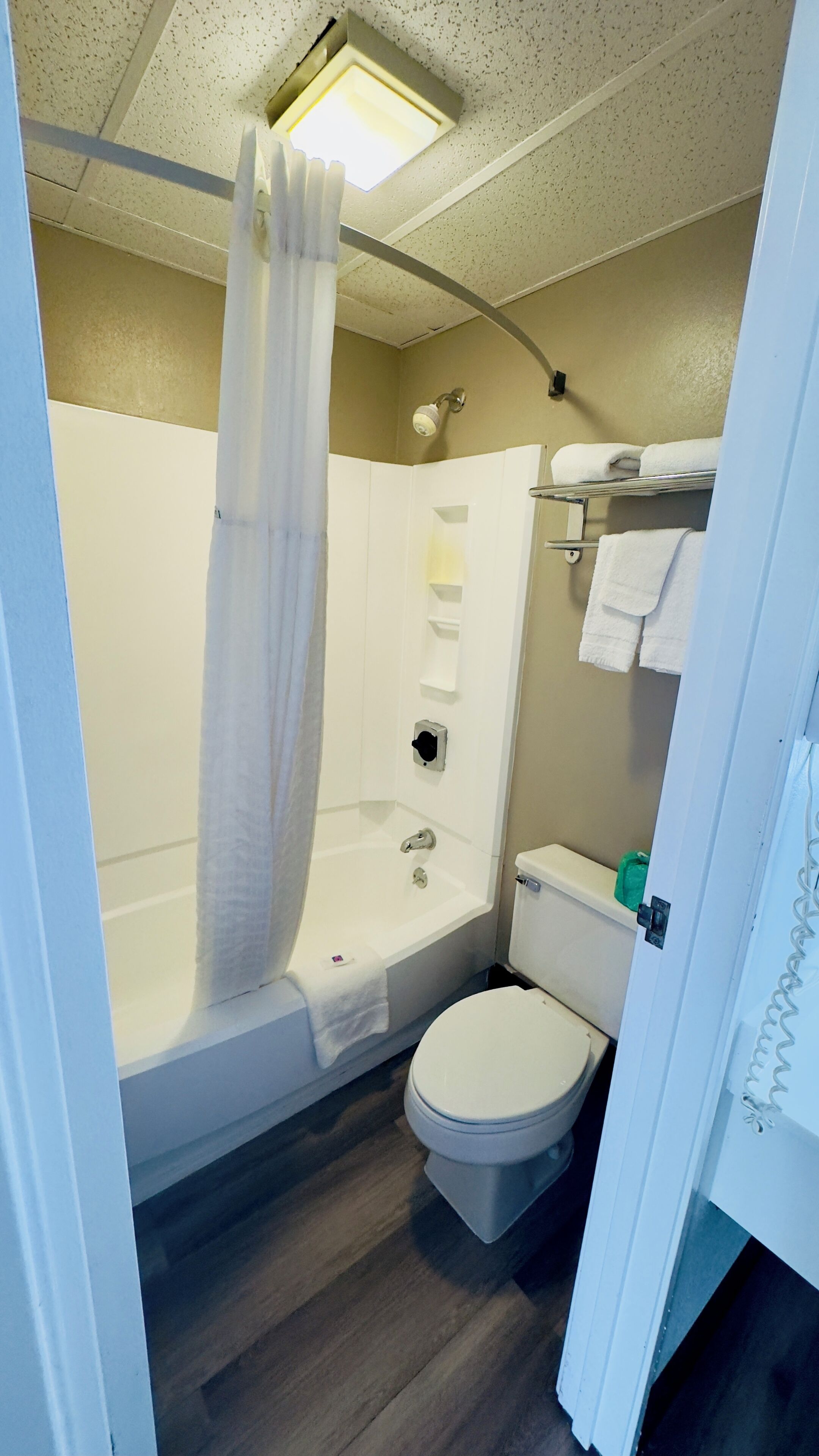 A bathroom with a shower, toilet, and a towel rack.