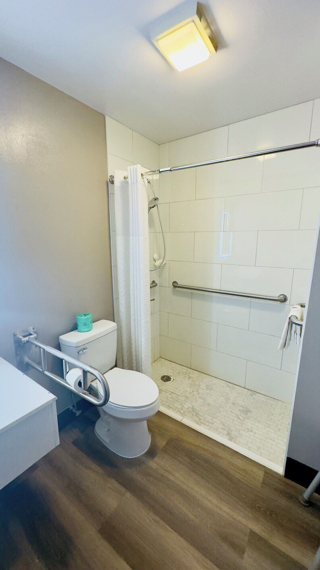 Une salle de bain équipée d’une douche, de toilettes et d’une barre d’appui.
