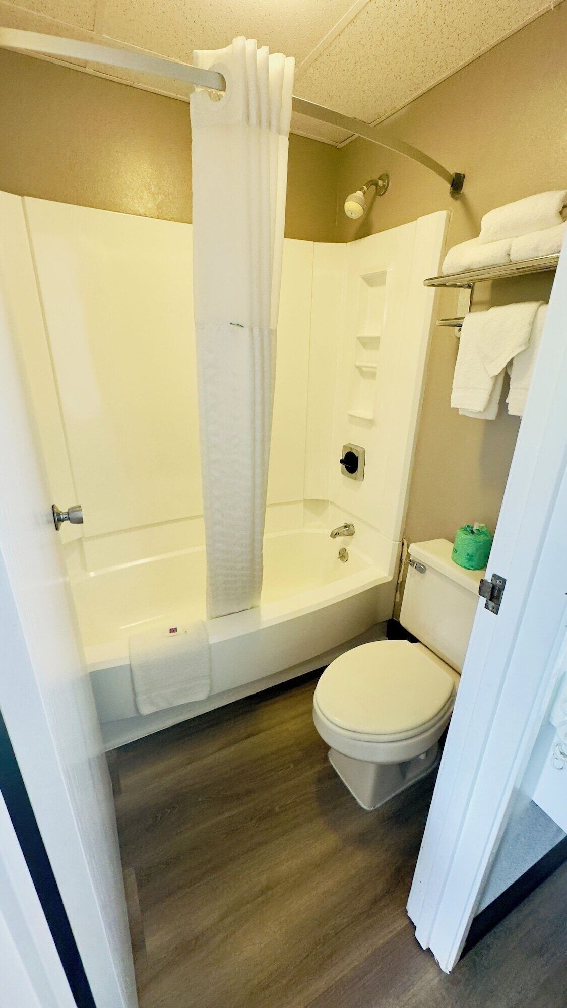 Une salle de bain avec une baignoire, des toilettes et un rideau de douche.
