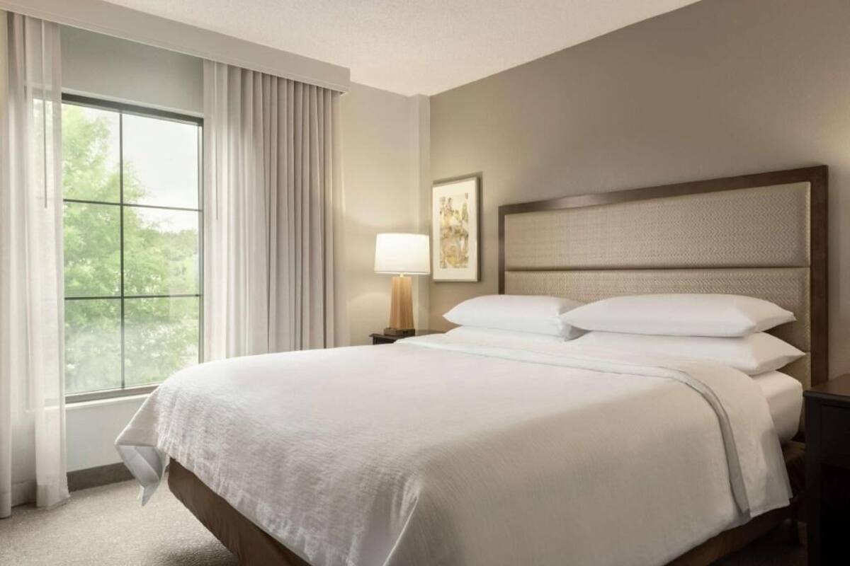A hotel room with a large bed, a nightstand with a lamp, a framed picture on the wall, and a window with curtains.