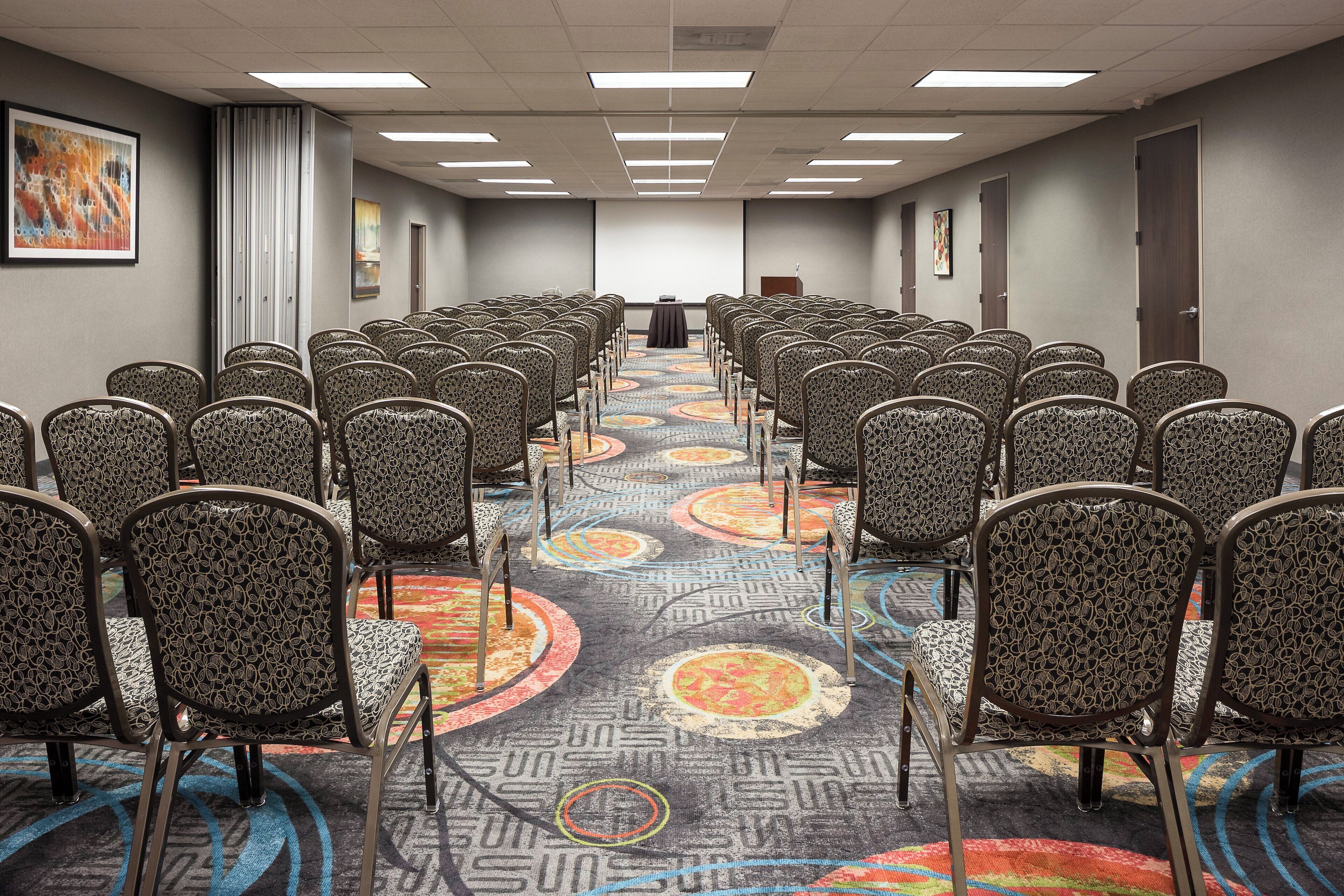 A hotel conference room with rows of chairs, a carpet with circular patterns, and a projector screen at the front.