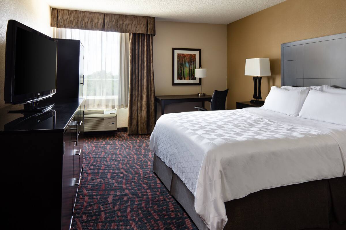 A hotel room with a large bed, a flat-screen TV, a desk with a chair, a lamp, and a painting on the wall.