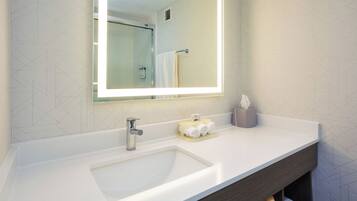 Combined shower/tub, free toiletries, hair dryer, towels