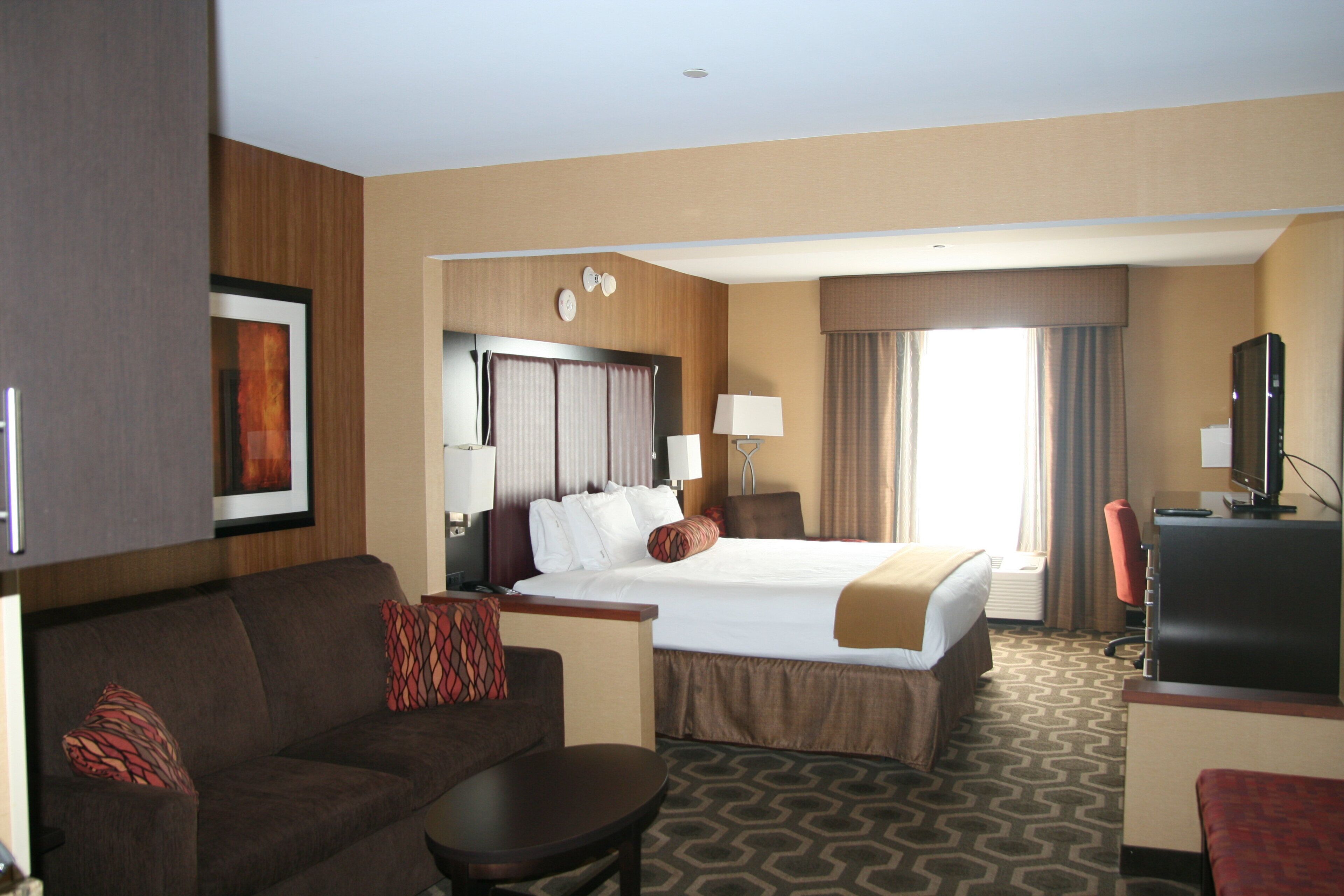 Una habitación de hotel con cama, escritorio, televisor, sofá y una mesa de centro.