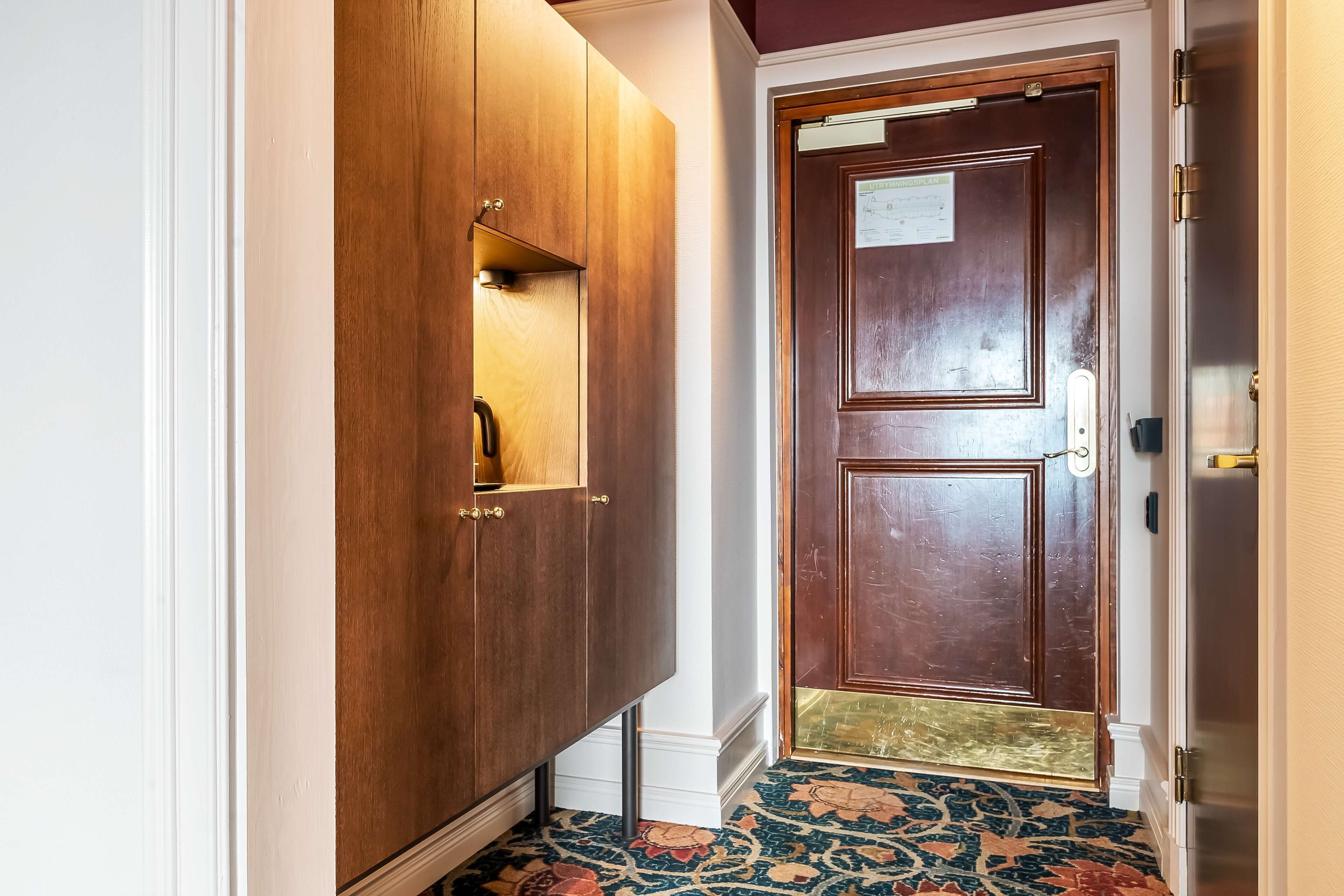 A hallway with a wooden wardrobe, a double door with a brass handle, and a patterned carpet.