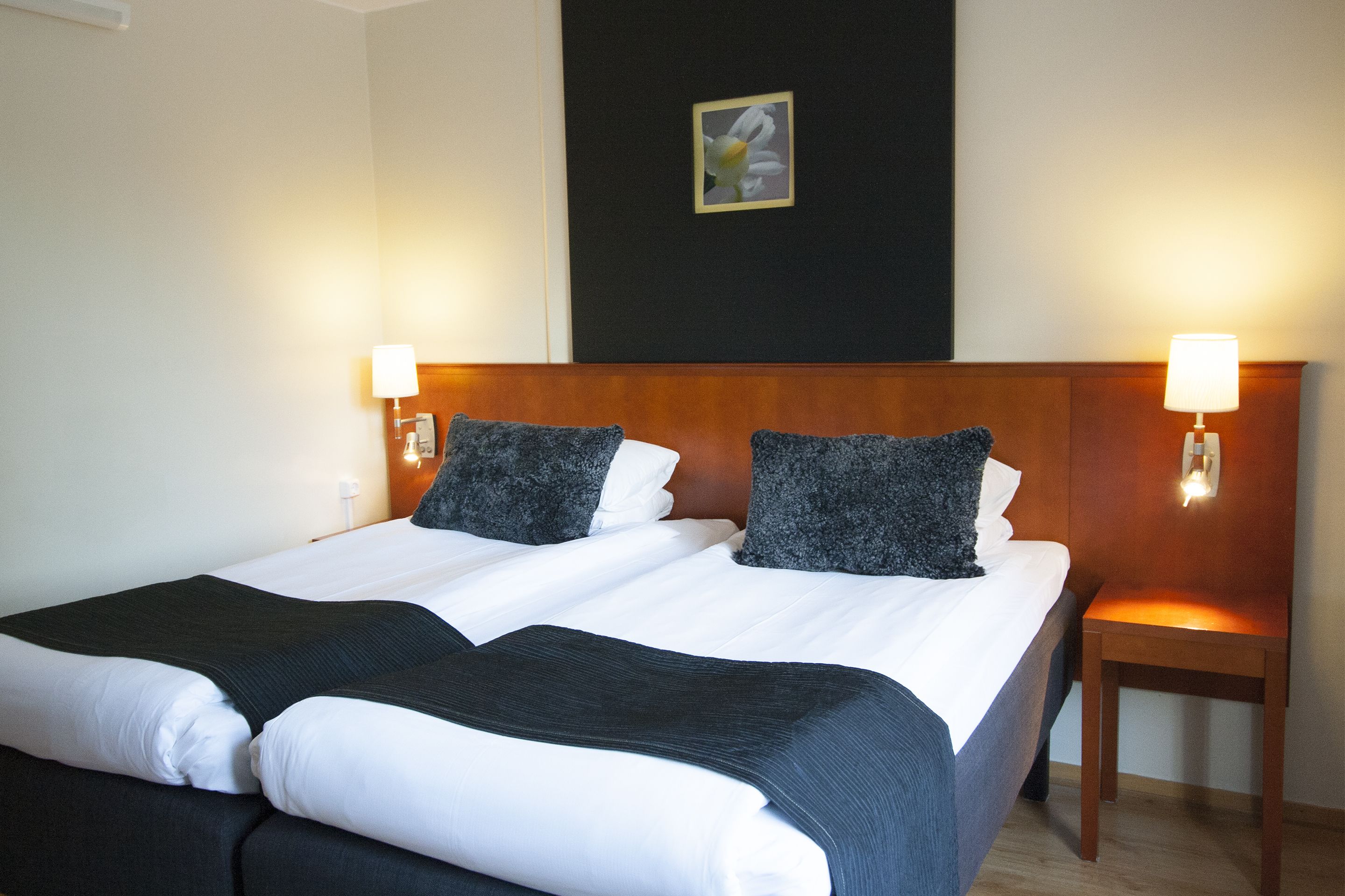A double bed with white and black bedding, two bedside tables with lamps, and a framed picture on the wall.