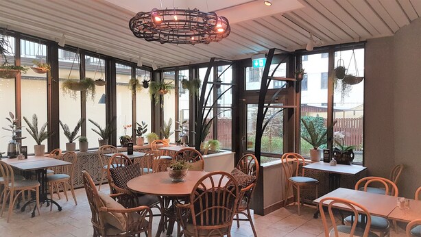 A cozy indoor dining area with wooden tables and chairs, large windows, and hanging plants. - Hotel Lorensberg (Gothenburg)