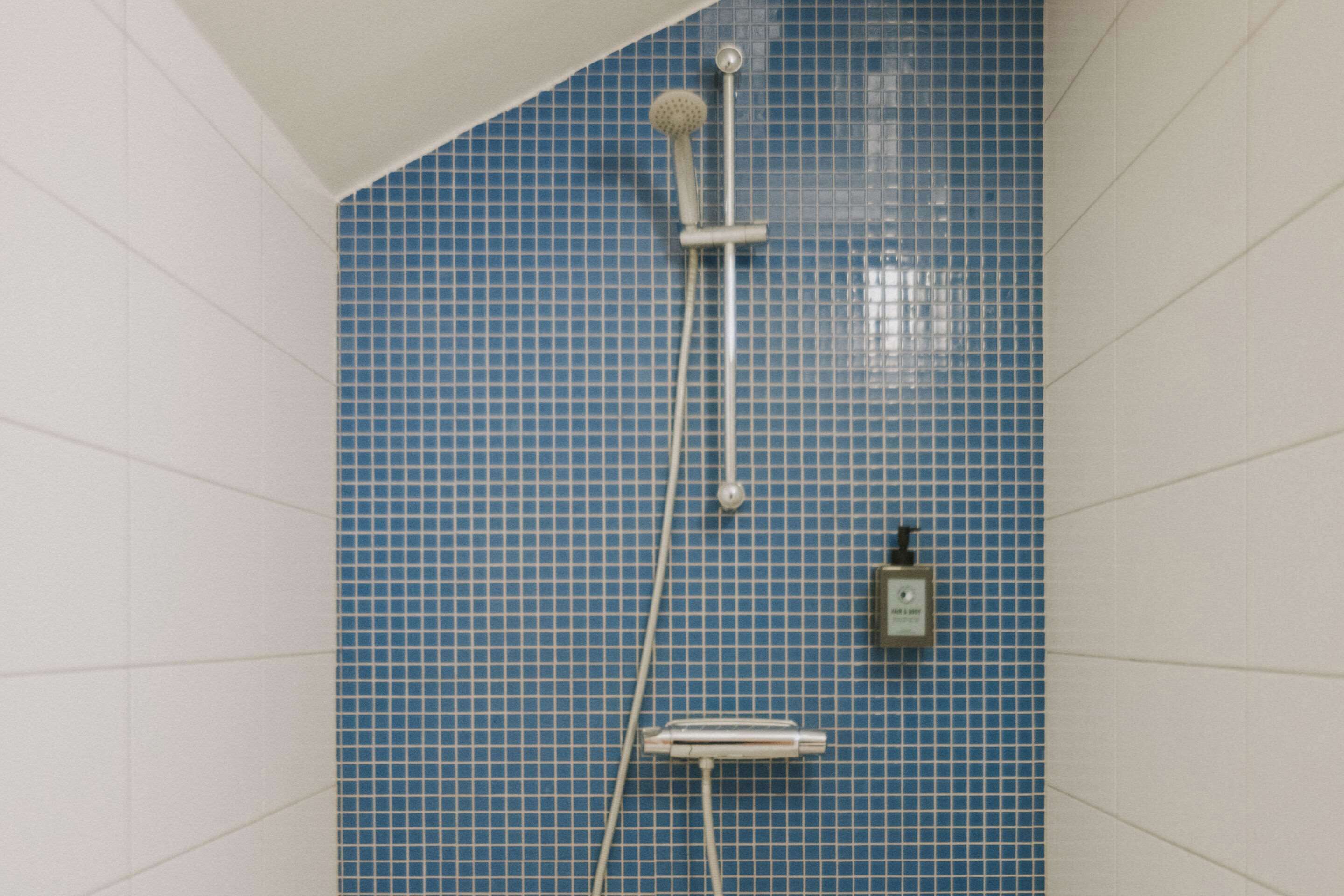 Un baño con paredes de azulejos azules, un cabezal de ducha y un rociador de mano.