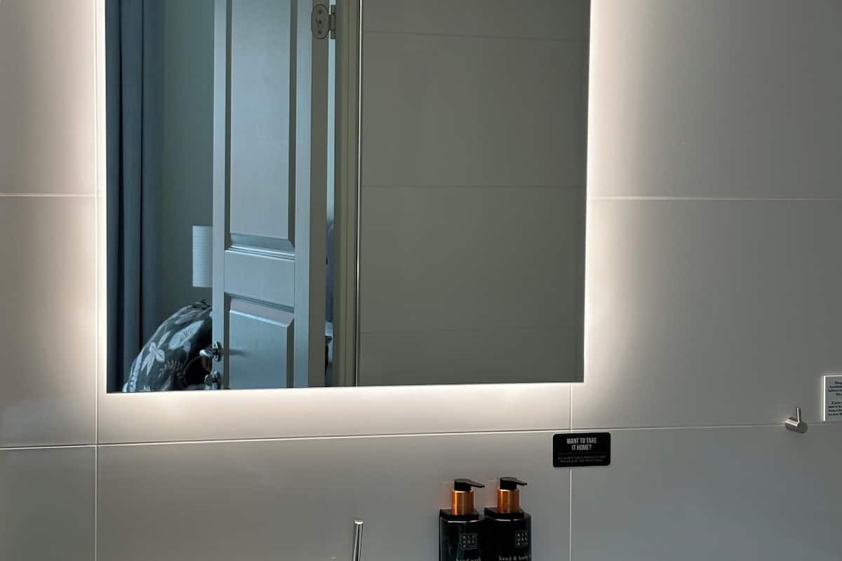 deluxe room, 1 queen bed with sofa bed, non smoking | bathroom | hair dryer, towels