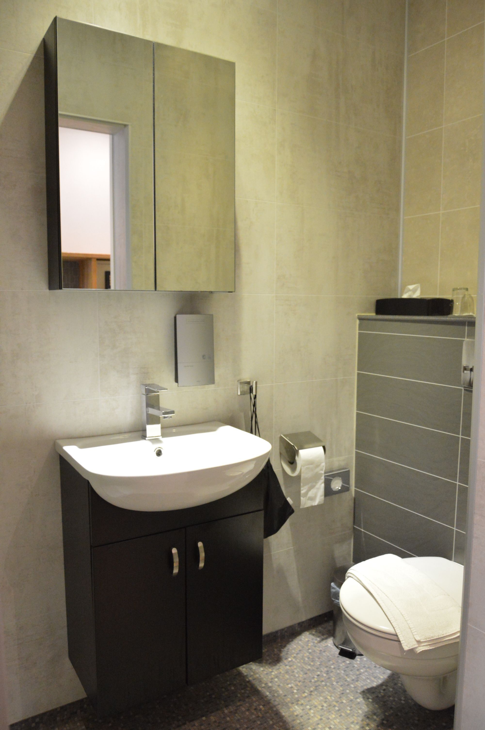 A bathroom with a white sink, dark cabinets, a mirror, and a toilet.