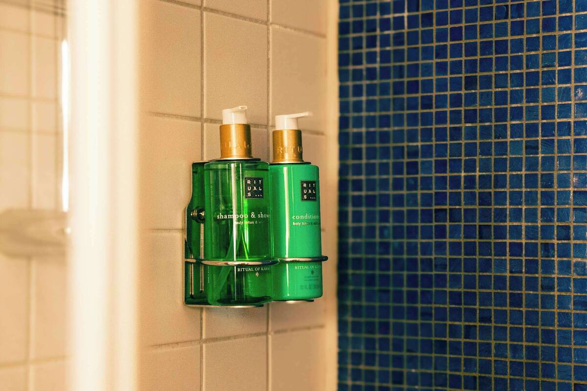 free toiletries, hair dryer, towels, soap