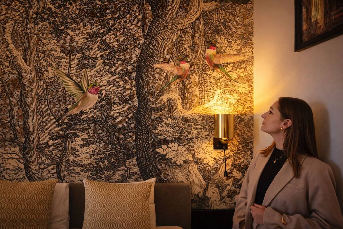 Una habitación con pared estampada, una lámpara y un sofá.