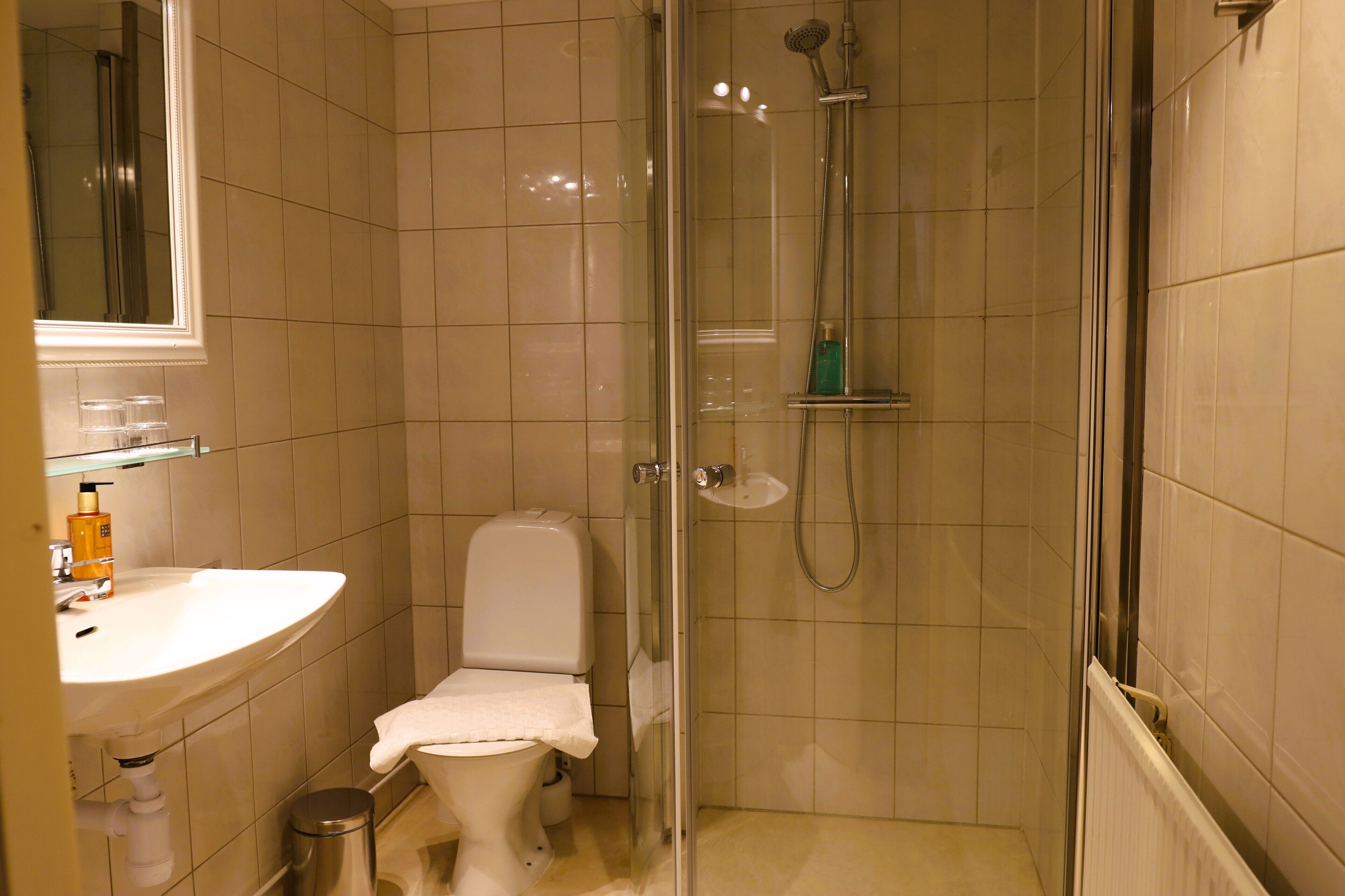 A small, modern bathroom with a toilet, sink, and shower.