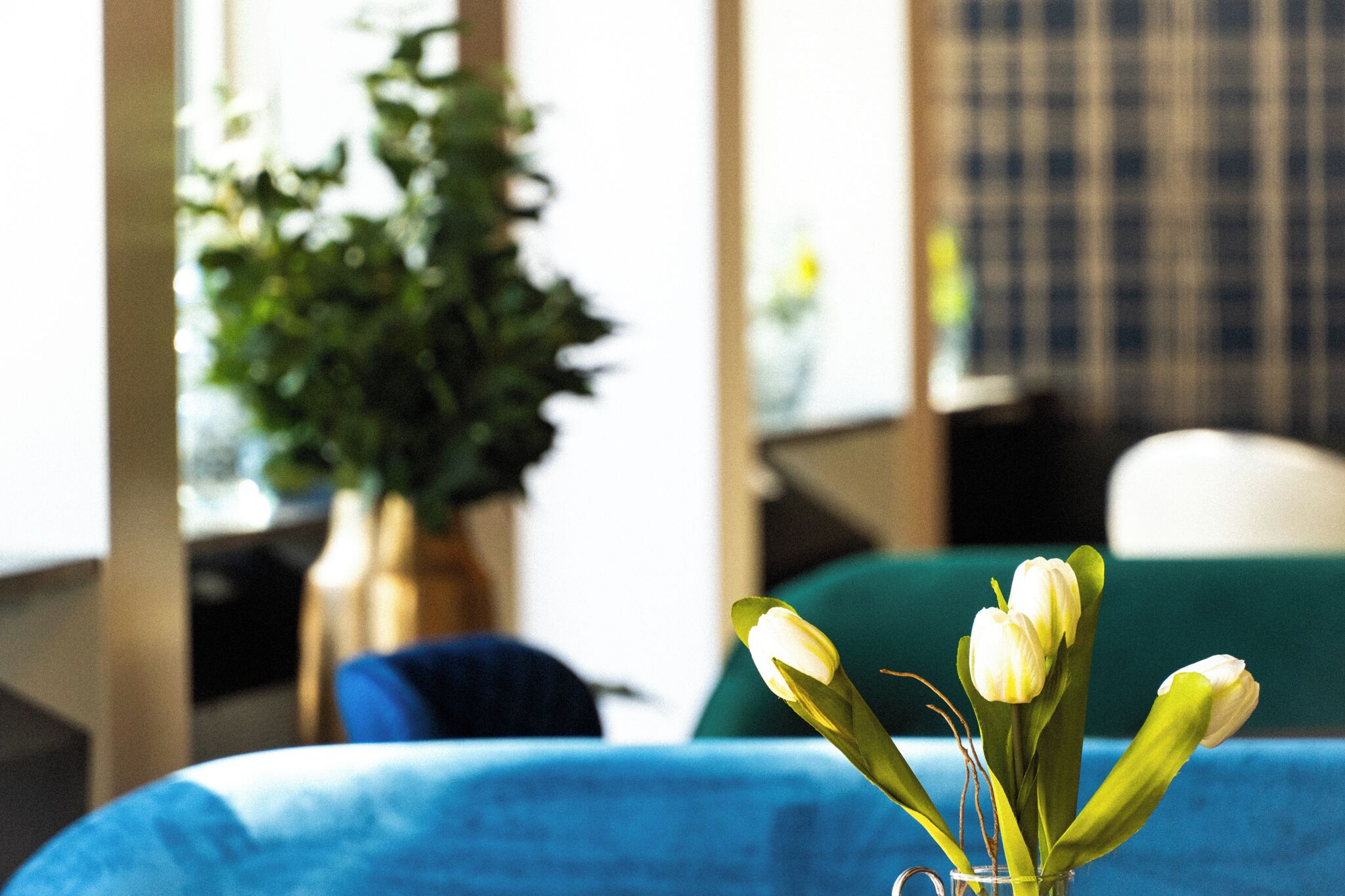 A room with a bed, a blue tablecloth, and a vase with white flowers.