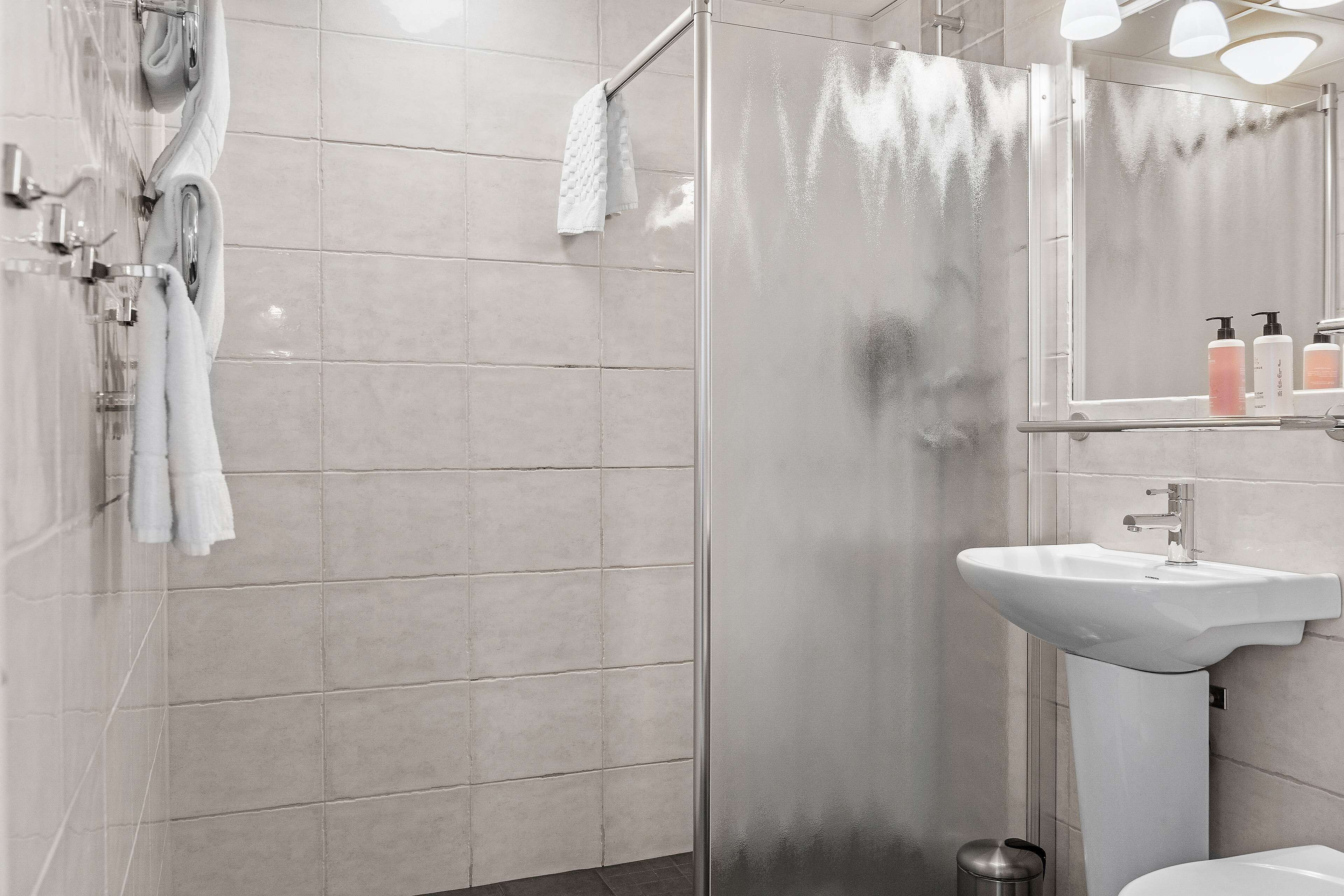 shower, free toiletries, hair dryer, towels