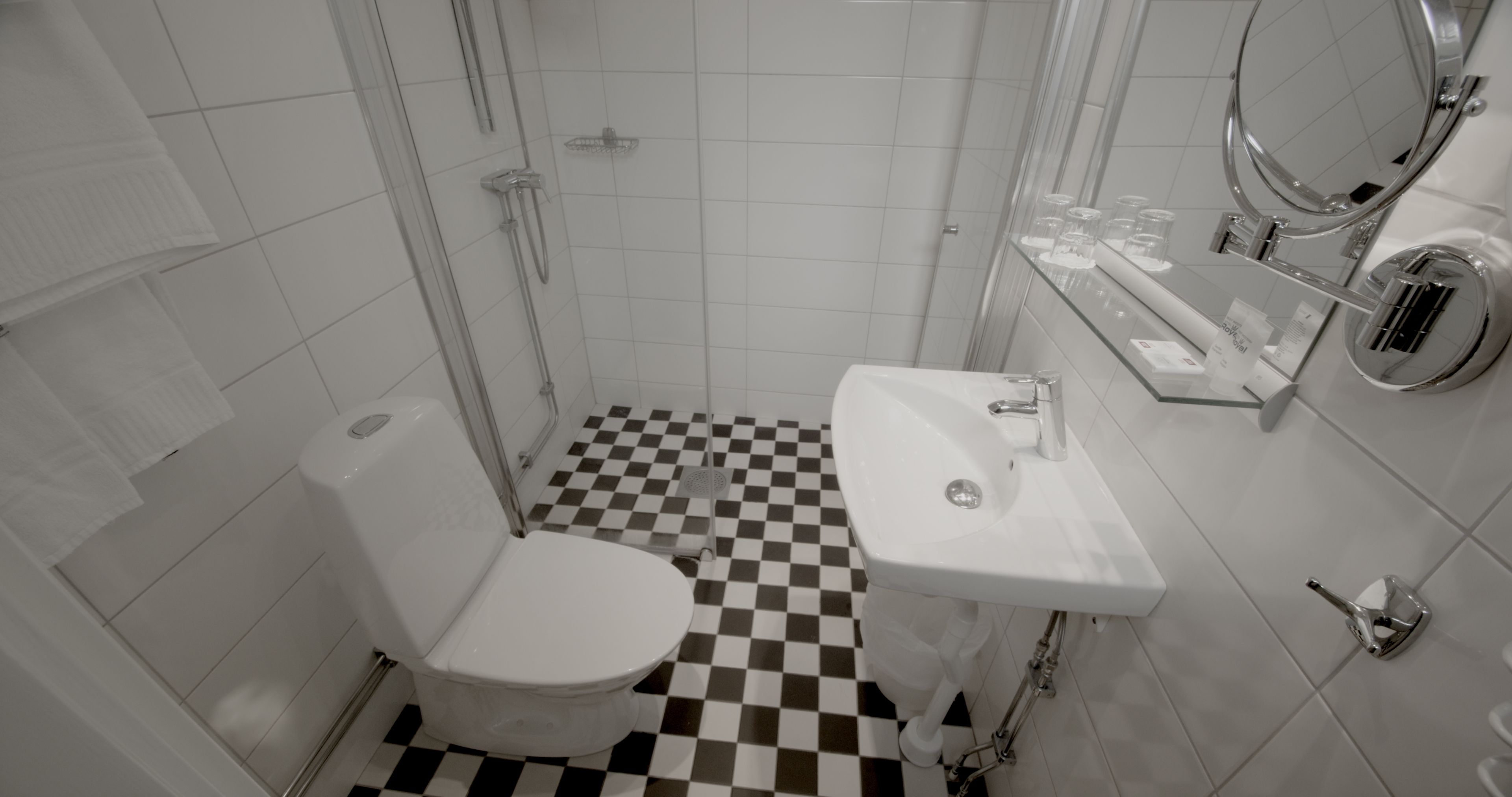 Un baño con inodoro, lavabo y ducha.