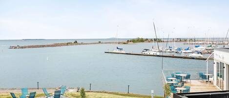 A marina with boats docked, a grassy area with outdoor seating, and a building with a balcony overlooking the water.