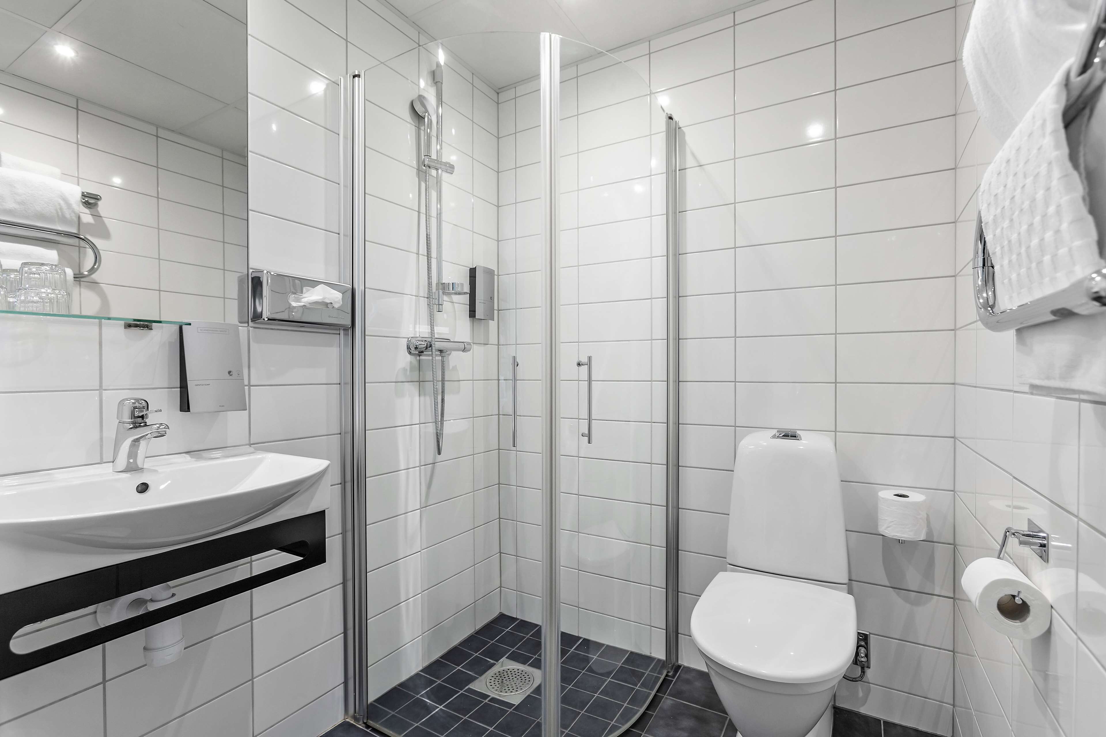 A modern bathroom with a glass-enclosed shower, a white sink, and a toilet.