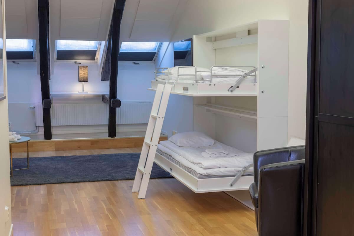 A compact room with bunk beds, a small table, a radiator, and skylights.